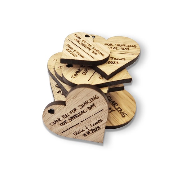 Personalised Wooden Wedding Favour Hearts Tags, Bridal Engraved Personalised Thank You Favour Heart Tags