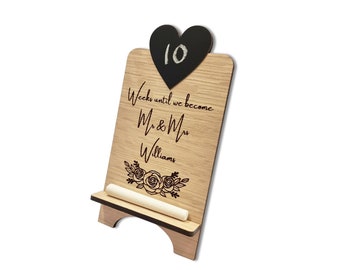 Personalised Wedding Countdown Plaque Sign, Oak Freestanding Chalkboard, Mr & Mrs Engagement Gift Stand