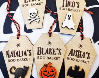Personalised Boo Basket Tag, Wooden Halloween Gift, Spooky Gift Tag, Trick or Treat, Ghost, Pumpkin, Bat, Cat, Boo Basket Gift, Coffin