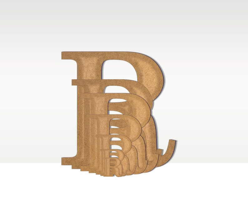 May include: A set of wooden letters in the shape of the letter "R" stacked on top of each other. The letters are all the same shape but different sizes, creating a layered effect. The letters are a light brown color.