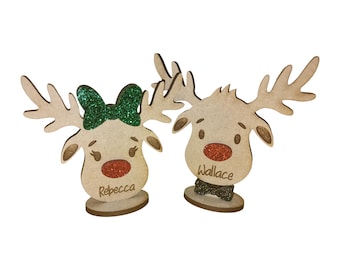 Personalised Wooden Freestanding Reindeer, Family Christmas Place Names Setting Decoration with Glitter Bows