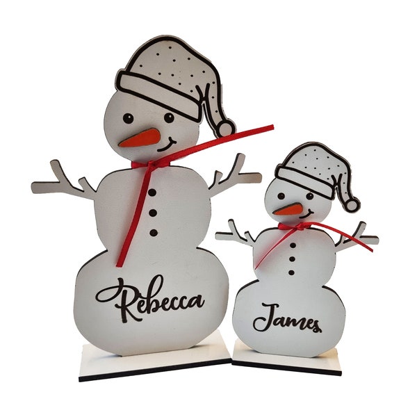 Personalised Freestanding White Snowman, Family Christmas Decoration, Place Names Setting Decoration, Christmas Table Decoration