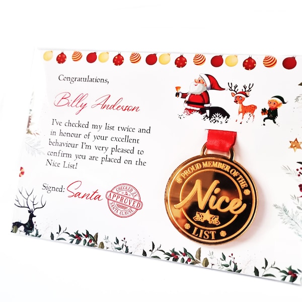 Nice List Medal, Santa Letter Gift, Personalised Christmas Eve box filler, tradition gift from Father Christmas