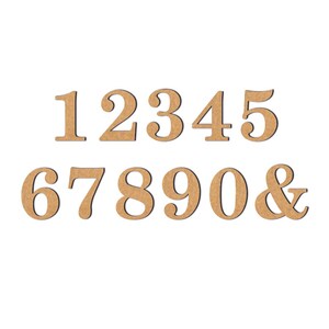 May include: A set of wooden numbers and an ampersand in a brown color. The numbers are 1 through 9 and 0. The ampersand is in the same style as the numbers.