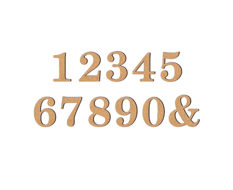 May include: A set of wooden numbers and an ampersand in a brown color. The numbers are 1 through 9 and 0. The ampersand is in the same style as the numbers.