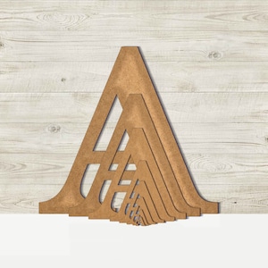 May include: A set of wooden triangle shapes in various sizes, stacked on top of each other, creating a geometric pattern. The shapes are a light brown color and have a smooth, polished finish.