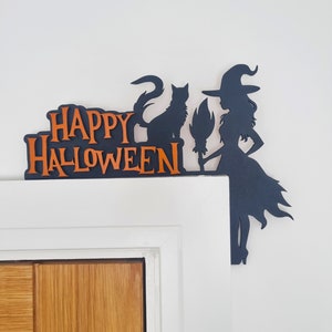 Marco de imagen de puerta de Halloween o esquina de estante espeluznante bruja calabaza gato murciélago decoraciones