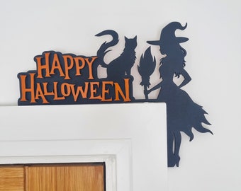 Halloween door picture frame or shelf corner spooky witch pumpkin cat bat decorations