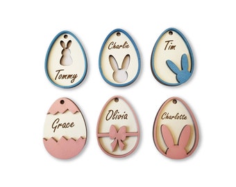 Étiquette personnalisée de décoration de cadeau de lapin en bois de Pâques, cadeau de Pâques personnalisé pour enfants, cadeau de Pâques pour bébé, étiquettes de panier de Pâques
