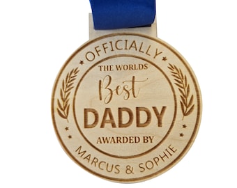 Personalised Officially The Best Daddy, Dad Round Wooden Medal, Fathers Day Personalised Gifts