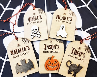 Personalised Boo Basket Tag, Wooden Halloween Gift, Spooky Gift Tag, Trick or Treat, Ghost, Pumpkin, Bat, Cat, Boo Basket Gift, Tombstone
