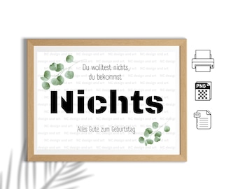 Geldgeschenk PDF " Nichts "/DIY Geldgeschenk /Sofortdownload /Vorlage für Geldgeschenk /Last Minute Geschenk /Geburtstagsgeschenk " Nichts"