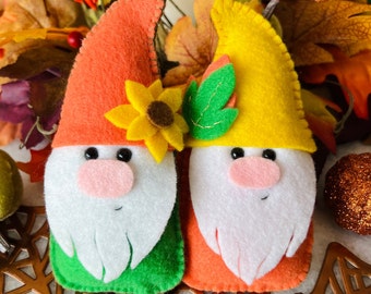 Set of 2 Hand Sewn Fall Gnome Holiday Stuffed Felt Decorations Autumn Ornaments