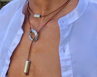 Men's necklace in leather and stainless steel. Unique jewelry for him.