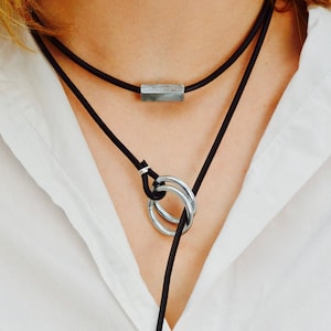 Leather necklace for women. Modern long necklace made of rings and leather. Modern necklace for her. Mother&#39;s day gift.