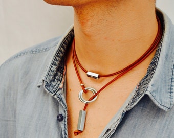 Men's necklace in genuine leather and steel. Jewel for him.