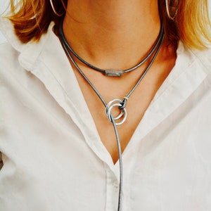 Leather necklace for women. Modern long necklace made of rings and leather. Modern necklace for her. Mother's day gift. image 1