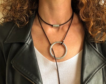 Women's necklace, in leather and stainless steel. Multi-row necklace for women. Modern jewelry.