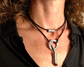 Women's multi-row necklace. Original jewel, in dark brown leather. Customizable leather color.