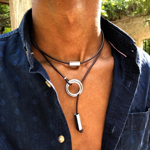 Collier Cuir Obsidienne Arbre De Vie - Pendentif 23mm - Cuir Italien 50cm - Homme Et Femme