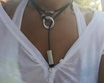 Leather necklace for women. Modern long necklace made of rings and leather. Modern necklace for her.