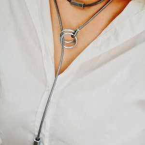 Leather necklace for women. Modern long necklace made of rings and leather. Modern necklace for her. Mother's day gift. image 2