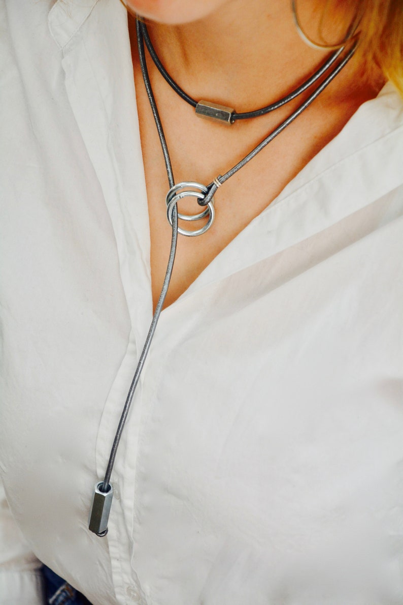 Leather necklace for women. Modern long necklace made of rings and leather. Modern necklace for her. Mother's day gift. image 2