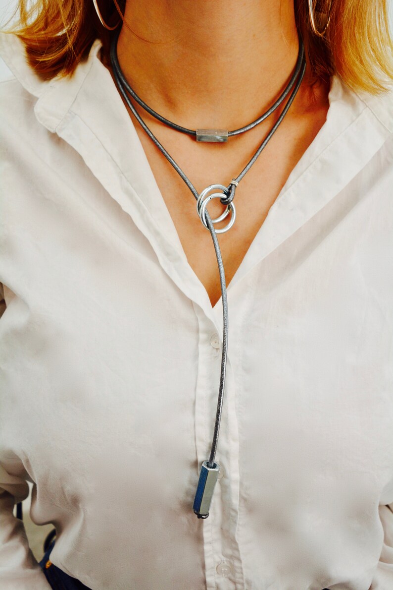 Leather necklace for women. Modern long necklace made of rings and leather. Modern necklace for her. Mother's day gift. image 1