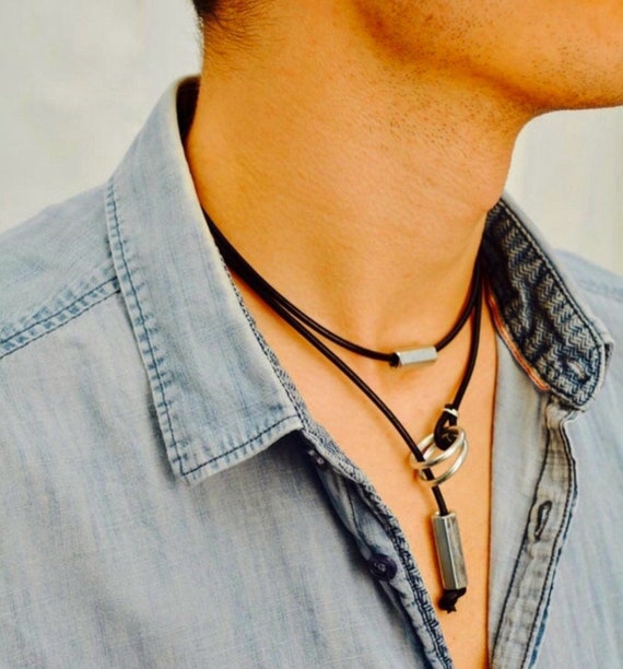 Man Steel Necklace Black Leather Choker. Men's Jewelry. | Etsy
