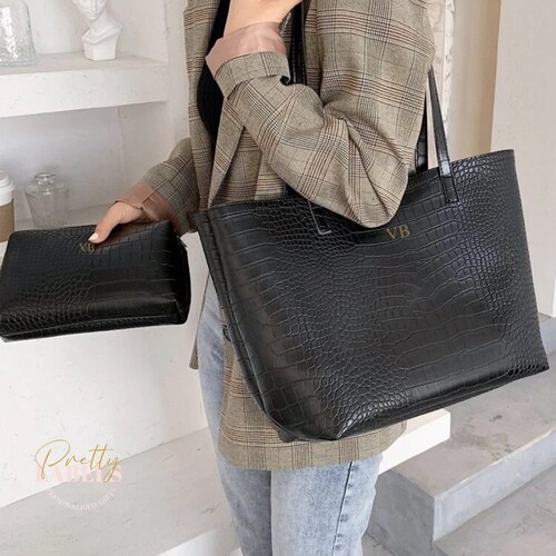 Personalised Minimalist Croc Embossed Vegan Leather Tote Bag with Matching Pouch, Personalised Handbag, Tote bag with Initials, Gift for Her