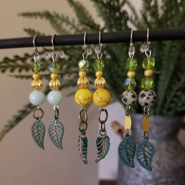 Gemstone dangle earrings Mixed metal Aqua Jade Dalmatian  jasper Lemon yellow magnesite Bright colors Charm earrings Lightweight