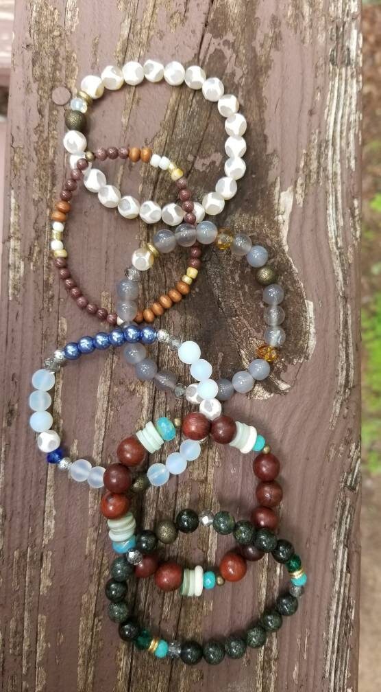 天然石詰め合わせ╰(*´︶`*)╯ Dzi Agate Gemstone and Wood Bead Stretch Bracelet Stack - Etsy