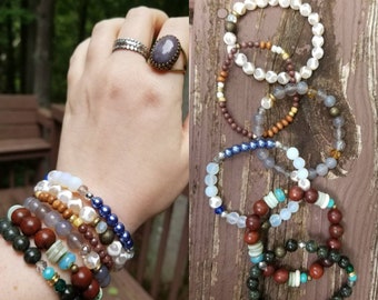 Gemstone stretch bracelet stack stacking bracelets Layering bracelets Gem and wood bead bracelet stack