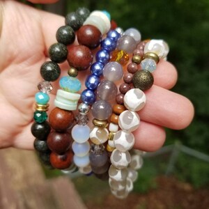 Dzi Agate Gemstone and wood bead Stretch bracelet set/gift for her/set of 6