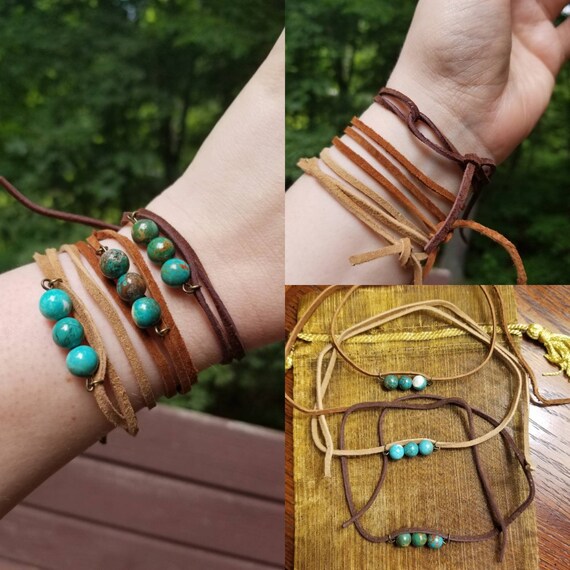 Turquoise Bead Leather Wrap Bracelet: Layering Stacking 
