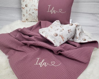 Set for the birth of forest animals - pillow and blanket with name and motif in different colors and motifs - customizable