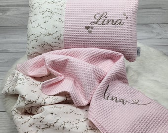 Birth set - pillow and blanket with name and motif in different colors and motifs