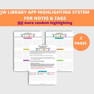 Op de afbeelding: Twee pagina's met een printbare werkbladen voor het organiseren van notities en tags in de JW Library-app. Het werkblad bevat een kleurgecodeerd systeem voor het markeren van belangrijke informatie, met secties voor "Gele notities & tags", "Paarse notities & tags" en "Blauwe notities & tags".