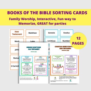 May include: A set of 12 colorful printable sorting cards for learning the books of the Bible. The cards feature the names of the books of the Old and New Testaments, with illustrations of people and objects related to each book. The cards are designed for family worship, interactive learning, and memorization.