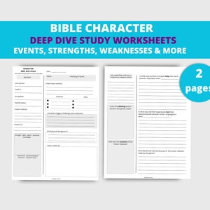 Peut inclure: Une feuille de travail d'étude biblique de personnage imprimable avec deux pages. La feuille de travail comprend des sections pour les faits clés, les forces, les faiblesses et les choix déterminants. Le texte "2 pages" est dans un cercle bleu dans le coin supérieur droit.