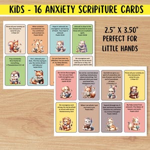 May include: A set of 16 colorful cards featuring cute animal illustrations and scripture verses about anxiety. Each card measures 2.5 inches by 3.5 inches.