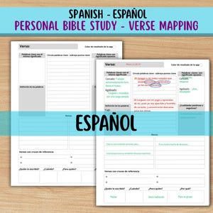 Könnte beinhalten: Zwei weiße Papierbögen mit spanischem Text, betitelt mit "Personal Bible Study - Verse Mapping". Der Text enthält das Wort "Español" und Bereiche für Notizen und Versreferenzen. Der Hintergrund ist eine helle Holzmaserung.