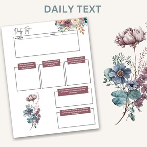 K&ouml;nnte beinhalten: Druckbare t&auml;gliche Text-Journal-Seite mit floralem Design. Die Seite enth&auml;lt Abschnitte f&uuml;r die Schrift, das Datum, was du aus der Schrift lernen m&ouml;chtest, wie du die Schrift auf dein Leben anwenden kannst und wie du die Schrift mit anderen teilen kannst.