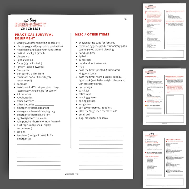 JW GO BAG Printable Emergency Go Bag Checklist Disaster Prep, Survival