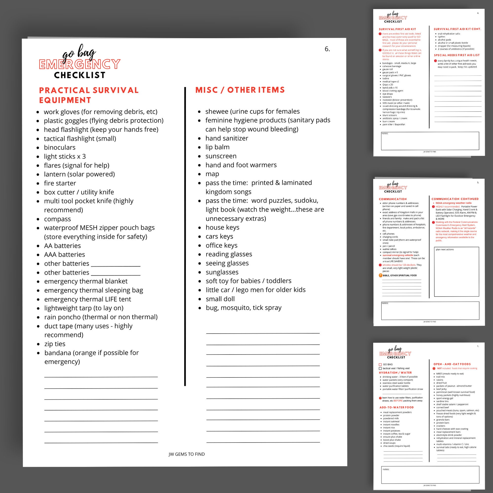 JW GO BAG Printable Emergency Go Bag Checklist Disaster Prep, Survival Go Bag  Printable Checklist Instant Printable Downloadable Pdf 