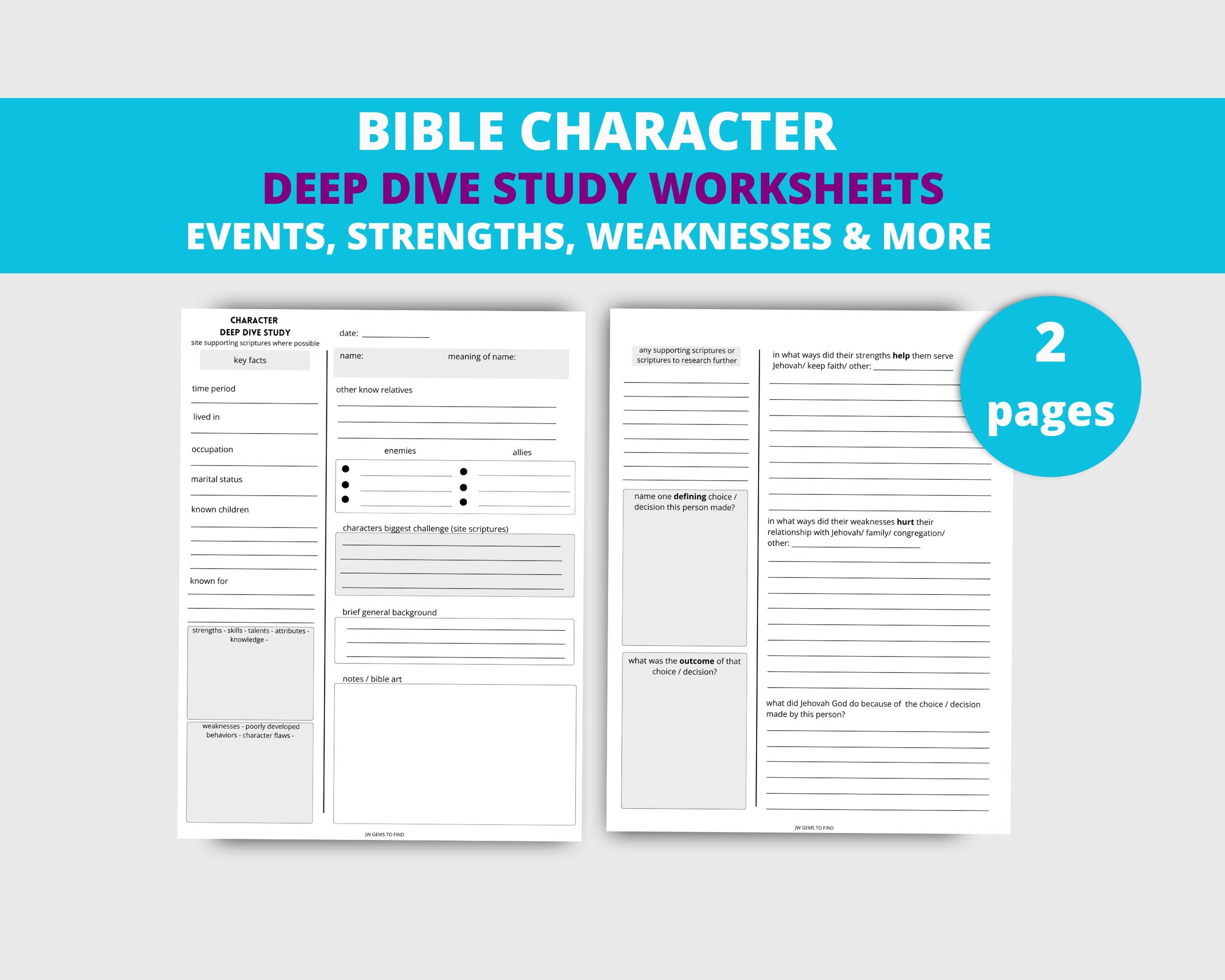 JW CHARACTER Bible Study, Personal Study Worksheets, Bible Character Study, Bible Study Printables, Christian Character profile study, PDF