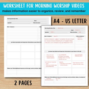 Puede incluir: Una hoja de trabajo imprimible para organizar notas de videos de adoración matutina. La hoja de trabajo incluye secciones para el título de la adoración, la fecha, el orador, la escritura principal, otras escrituras y detalles clave. La hoja de trabajo está formateada para papel A4 o US Letter.
