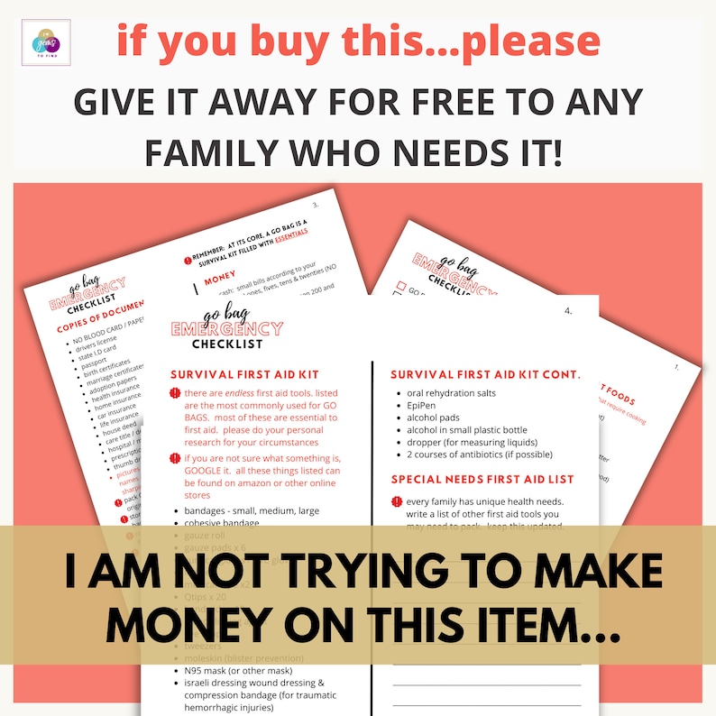 JW GO BAG Printable Emergency Go Bag Checklist Disaster Prep, Survival