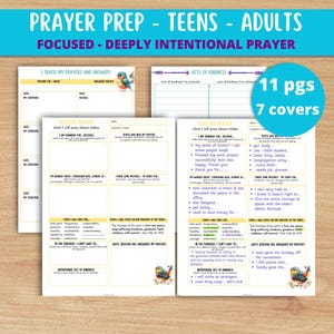 May include: A printable prayer journal with a bluebird illustration. The journal is designed for teens and adults and includes sections for tracking prayers, answers, gratitude, and intentional acts of kindness. The text on the cover reads "Prayer Prep - Teens - Adults Focused - Deeply Intentional Prayer".