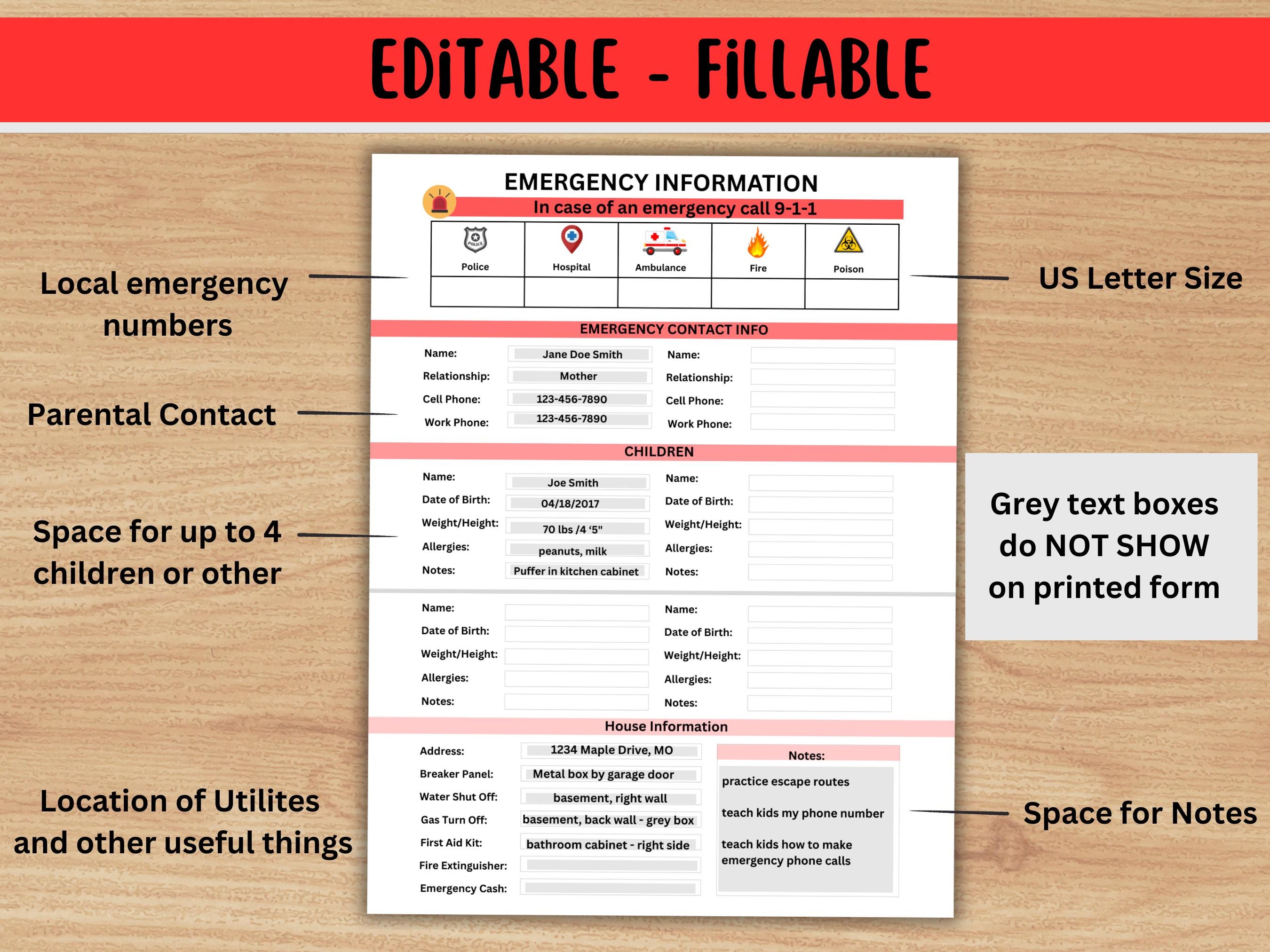 Editable PDF, Emergency Preparedness Sheet | Family Emergency Info ...